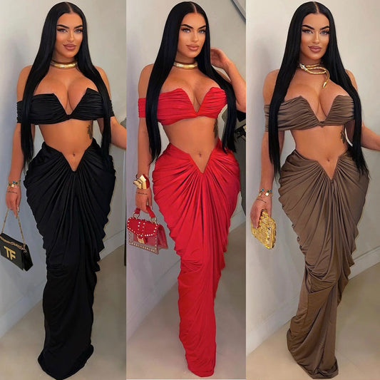 Sleeveless Off-the-Shoulder Crop Tube Top + Ruched Pleated Maxi Skirt 2-Piece Set