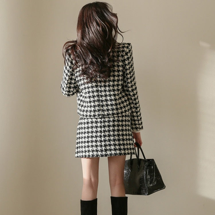 Black/White Plaid Houndstooth Blazer Jacket + Mini Skirt Women's Business Suit