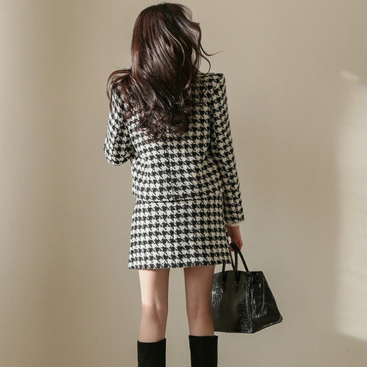 Black/White Plaid Houndstooth Blazer Jacket + Mini Skirt Women's Business Suit