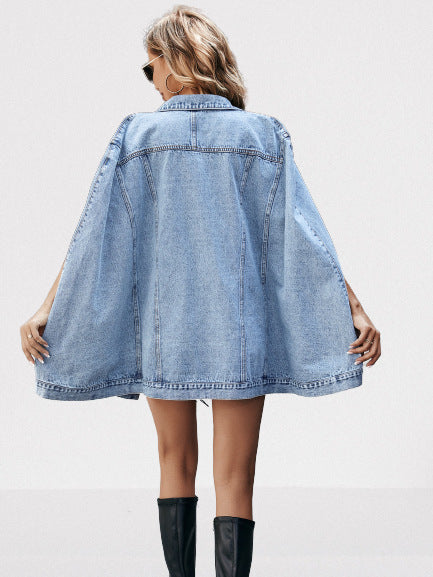 Denim Irregular Light Blue Hollow-Out Turn-Down Collar Button-Up Women's Jean Jacket
