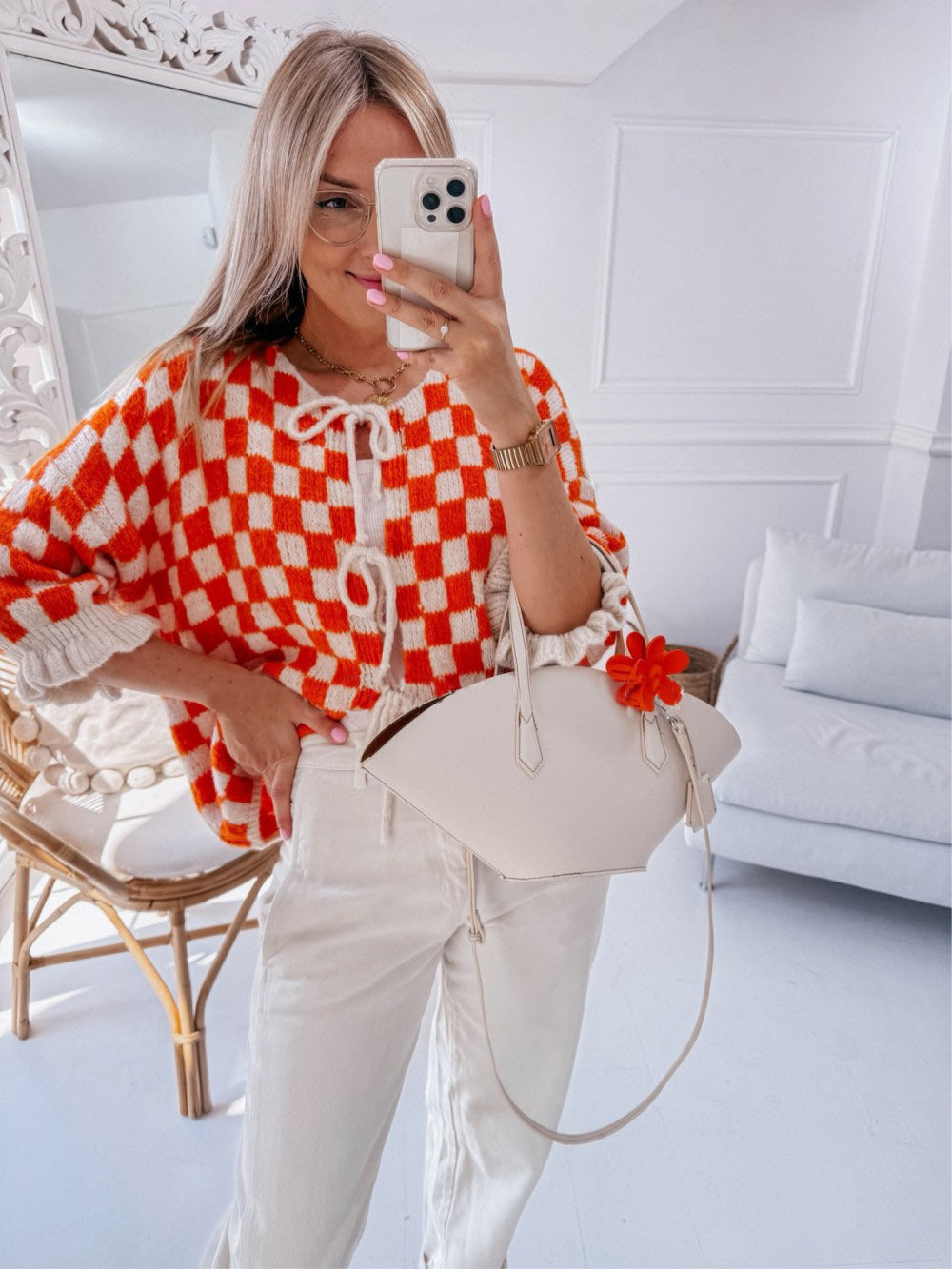 Plaid Checker Colorblock Print Bowknot Design Women's 1/2 Sleeve Sweater