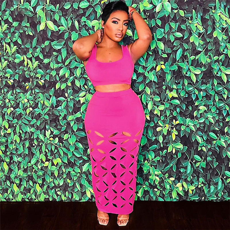 Sleeveless Black/Hot Pink Crop Top + Hollow-Out High Waist Maxi Skirt 2-Piece Set
