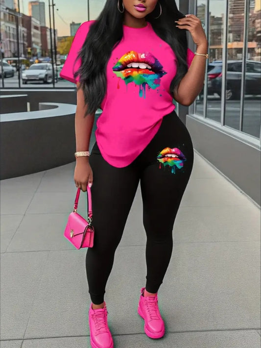 Hot Pink Rainbow Paint Drip Lip Print Women's O-Neck T-Shirt + Leggings 2-Piece Set