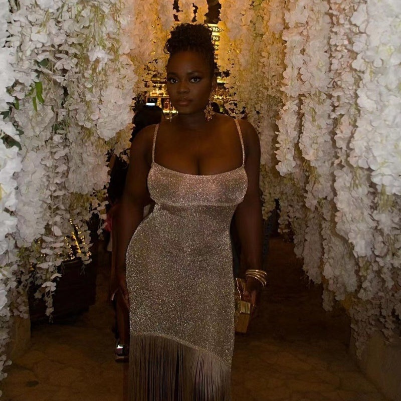 Sparkling Glitter Tassel Fringe Detail Spaghetti Strap Sling Dress