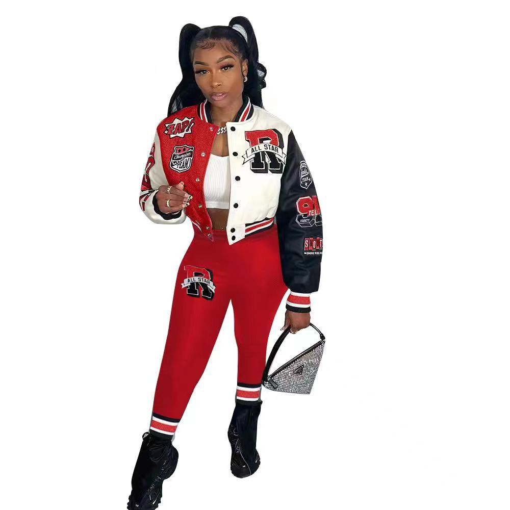 Colorblock Varsity Women's Hip-Hop Letterman's Baseball Bomber Jacket + Sweatpants 2-Piece Set