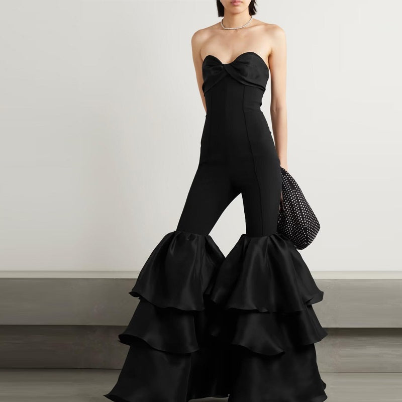 Black Sleeveless Oversized Ruffled Leg Design Women's Formal Party Jumpsuit