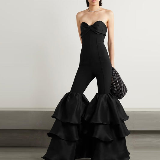 Black Sleeveless Oversized Ruffled Leg Design Women's Formal Party Jumpsuit