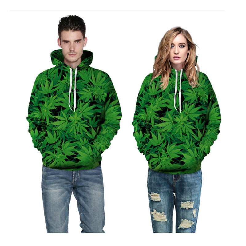Unisex Green Hemp Leaf Print Hoodie Sweatshirt