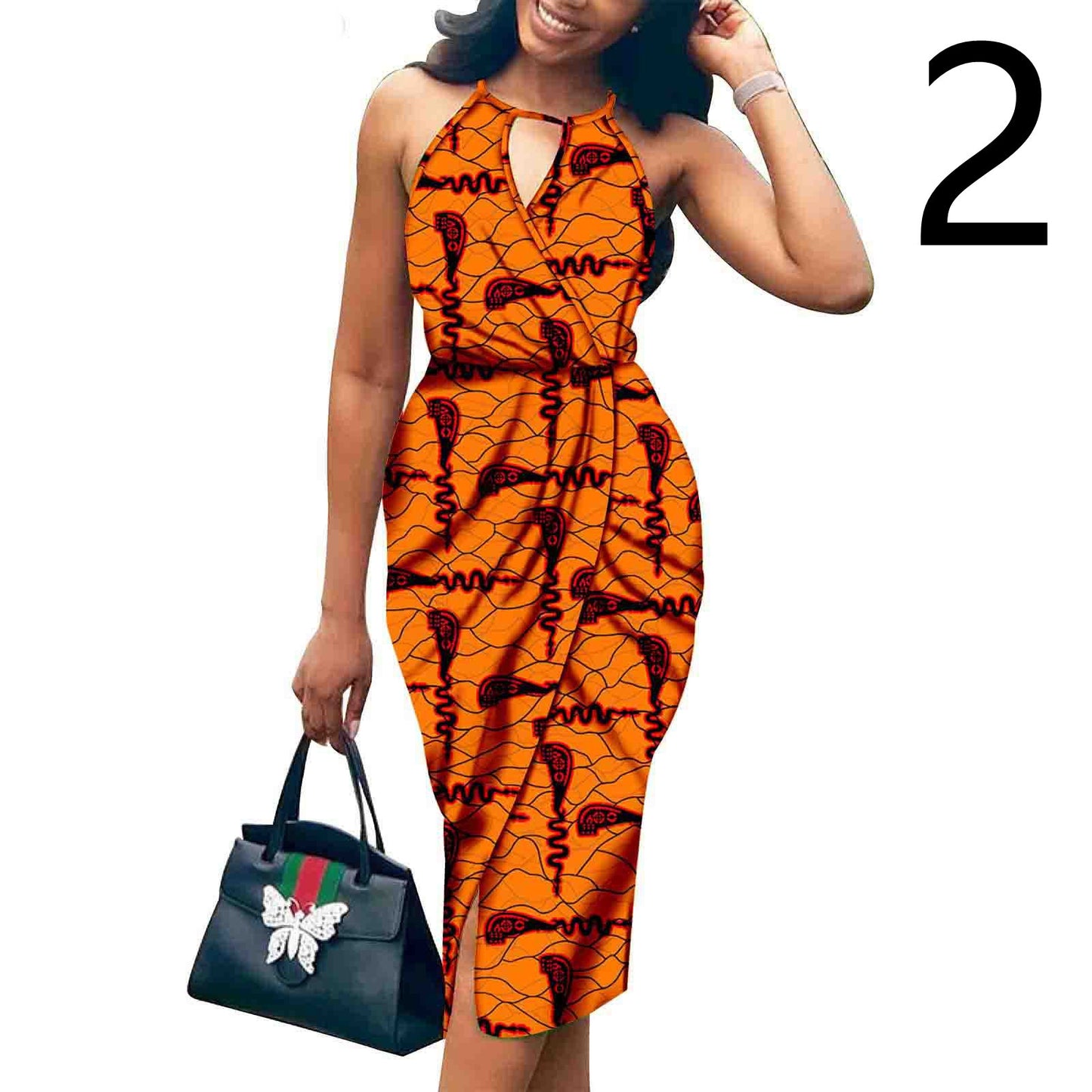 African Print Batik Cotton Sleeveless V-Neck Halter Strap Formal Party Dress to 3X Plus Size