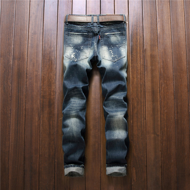 Men's Denim Patchwork Splash Ink Design Hip-Hop Ripped Skinny Jeans
