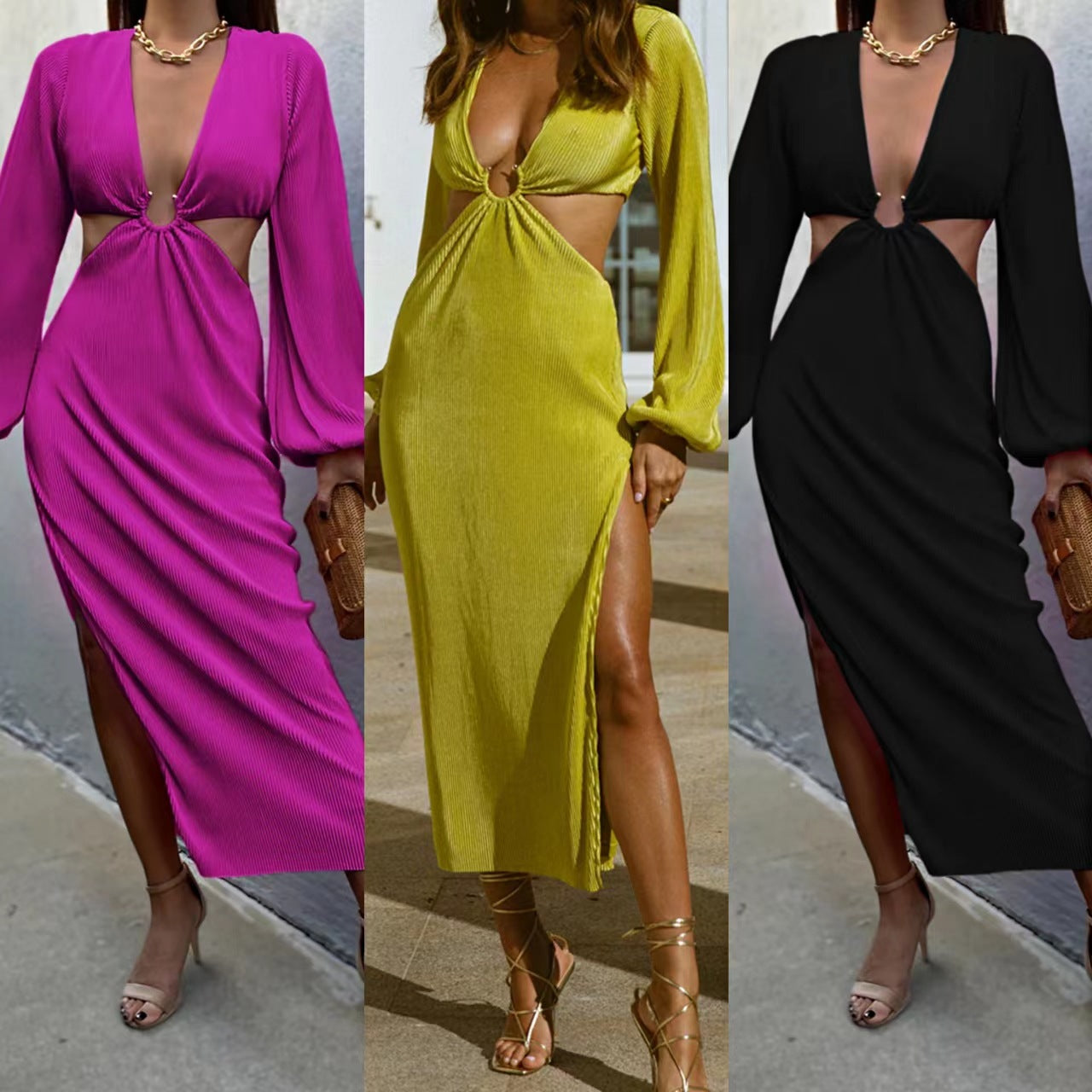 Ribbed Pleated Ring Hollow-Out Design High Side Slit Long Sleeve Maxi Dress