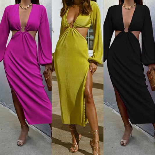 Ribbed Pleated Ring Hollow-Out Design High Side Slit Long Sleeve Maxi Dress