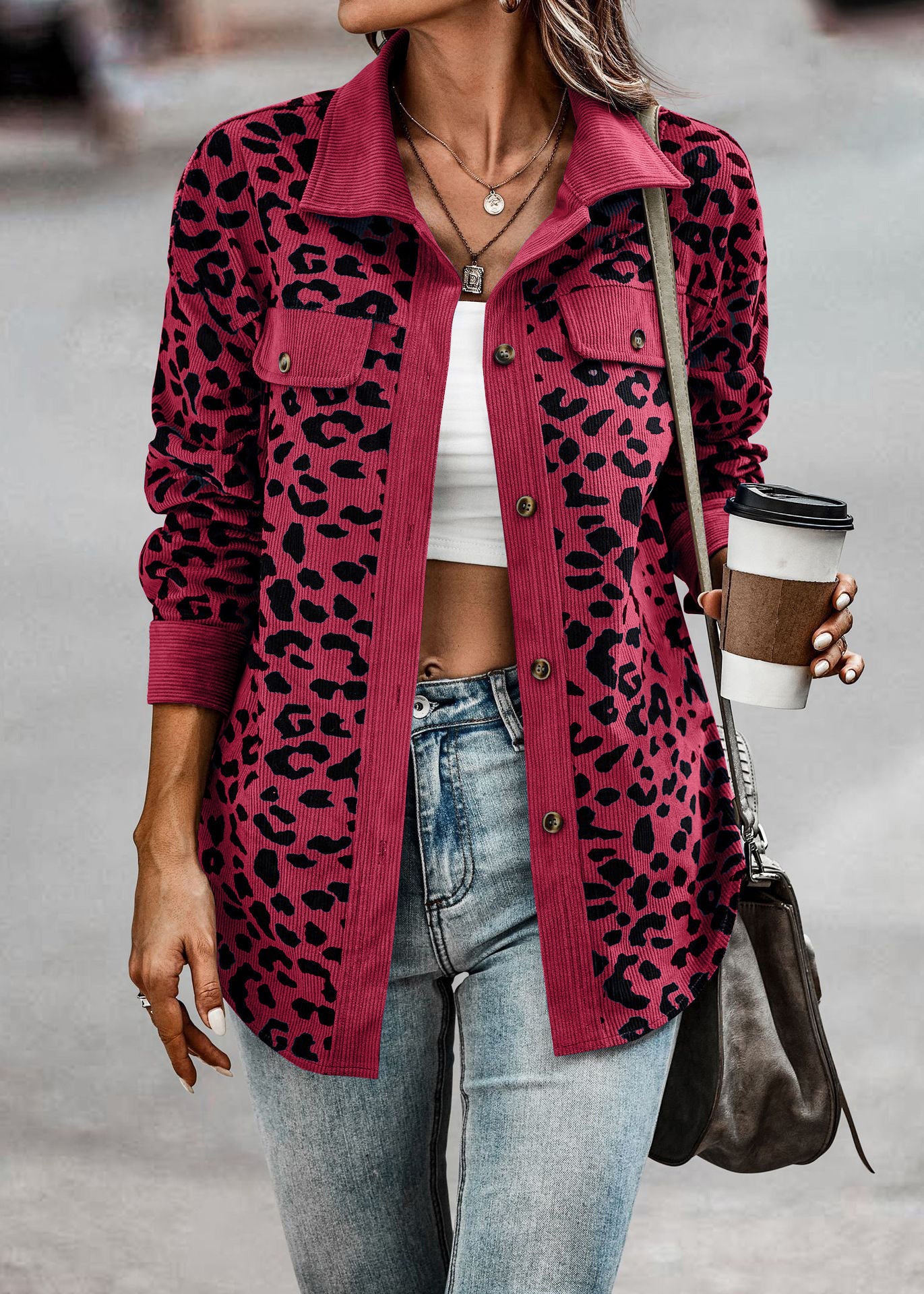 Leopard Print Double Pocket Design Long Sleeve Women's Turn-Down Collar Jacket to 3X Plus Size