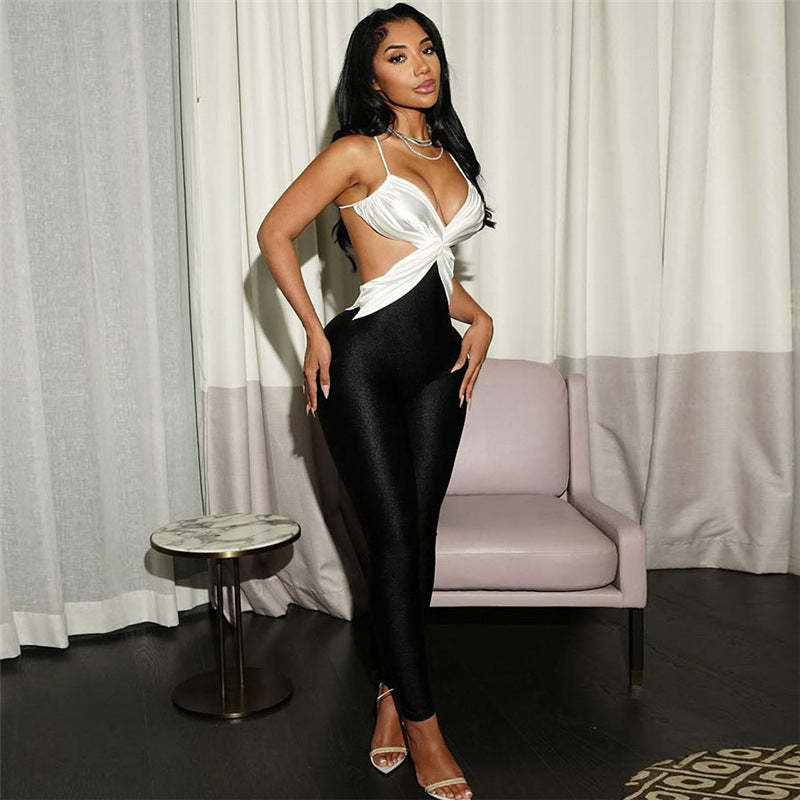 Sleeveless Backless Criss-Cross Colorblock High Waist Skin Tight Jumpsuit