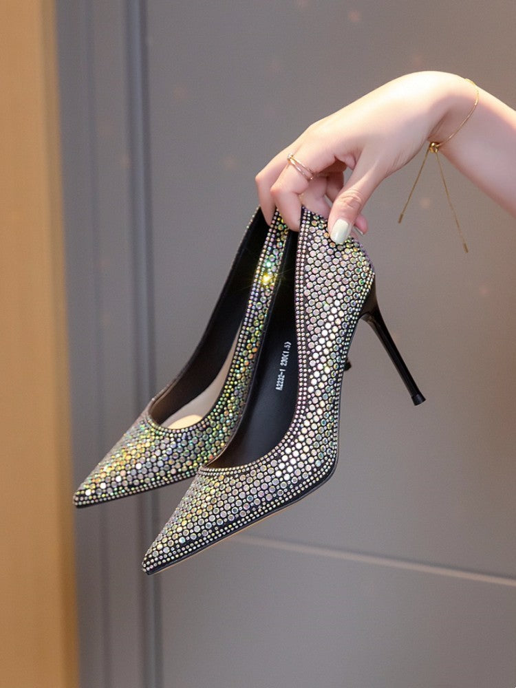 Metallic Diamond Decor Pointed Toe Stiletto Heel Women's Pumps