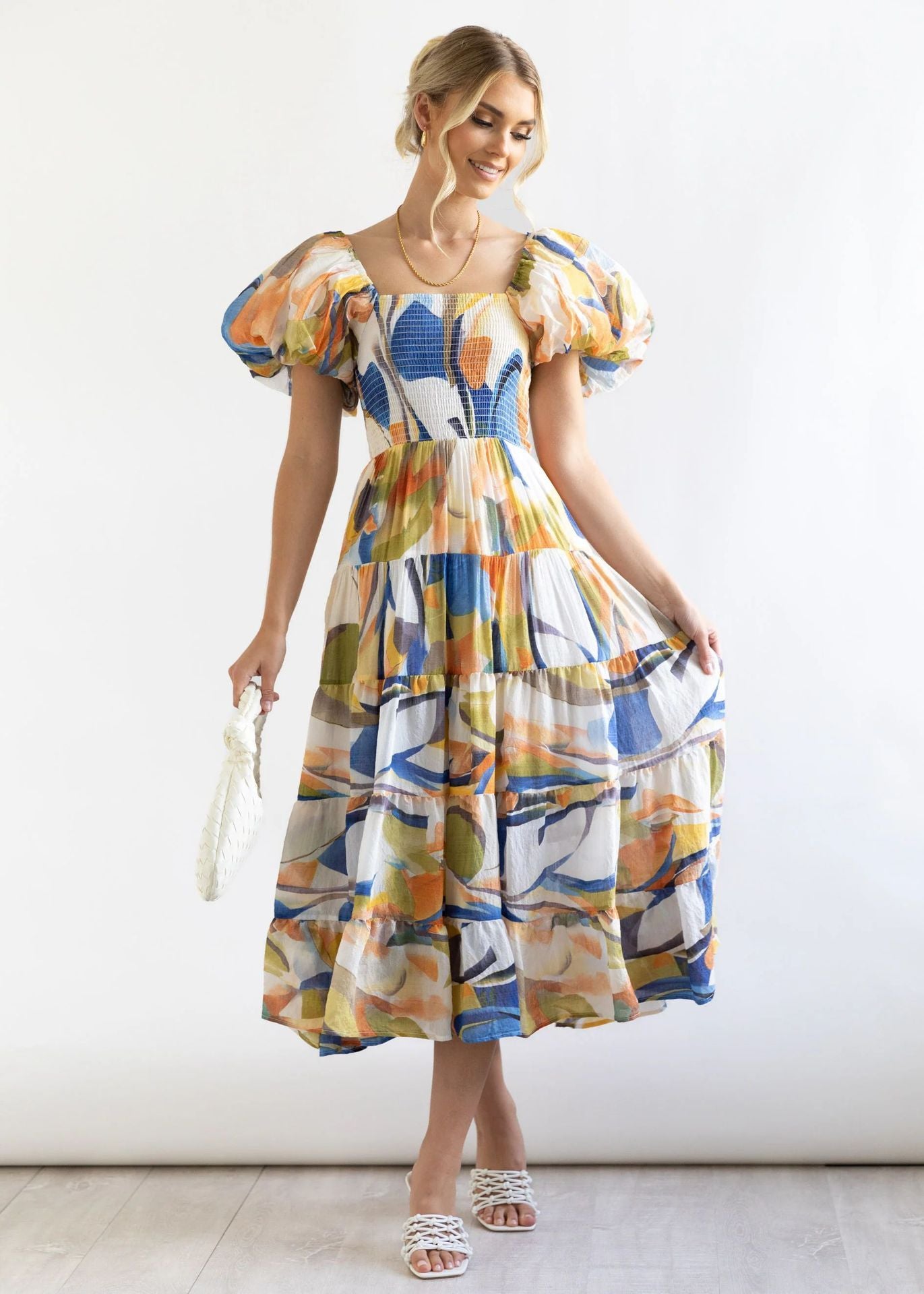 Flower Print Tiered Short Bubble Sleeve High Waist Off-the-Shoulder Bohemian Maxi Dress