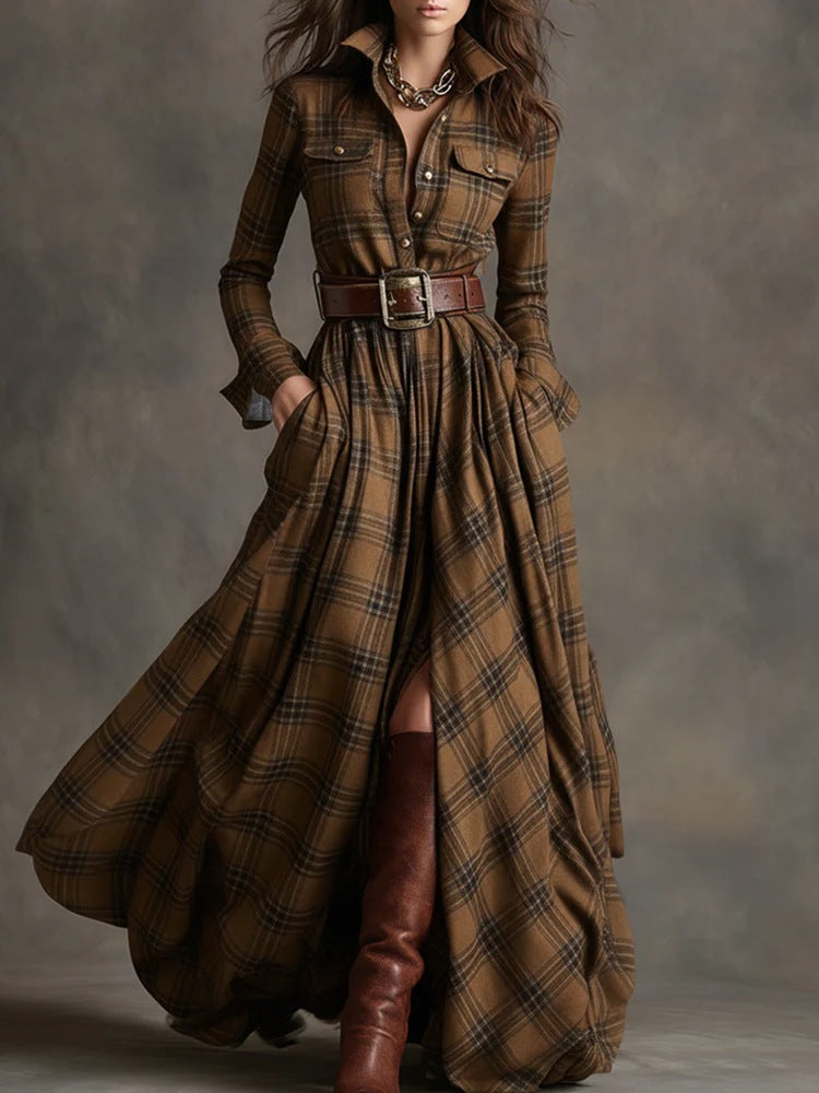 Oversized Plaid Print Long Sleeve Pocketed Turn-Down Collar Button-Up Big Swing Maxi Dress to 4X Plus Size
