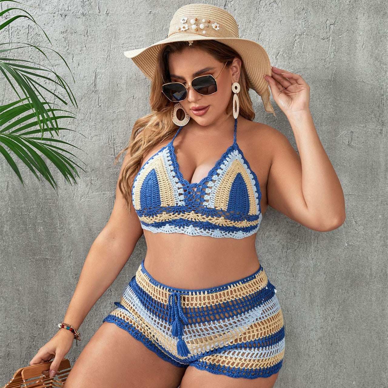Crochet Knitted Striped Colorblock Hollow-Out 2-Piece Women's Bikini Swimsuit to 3X Plus Size