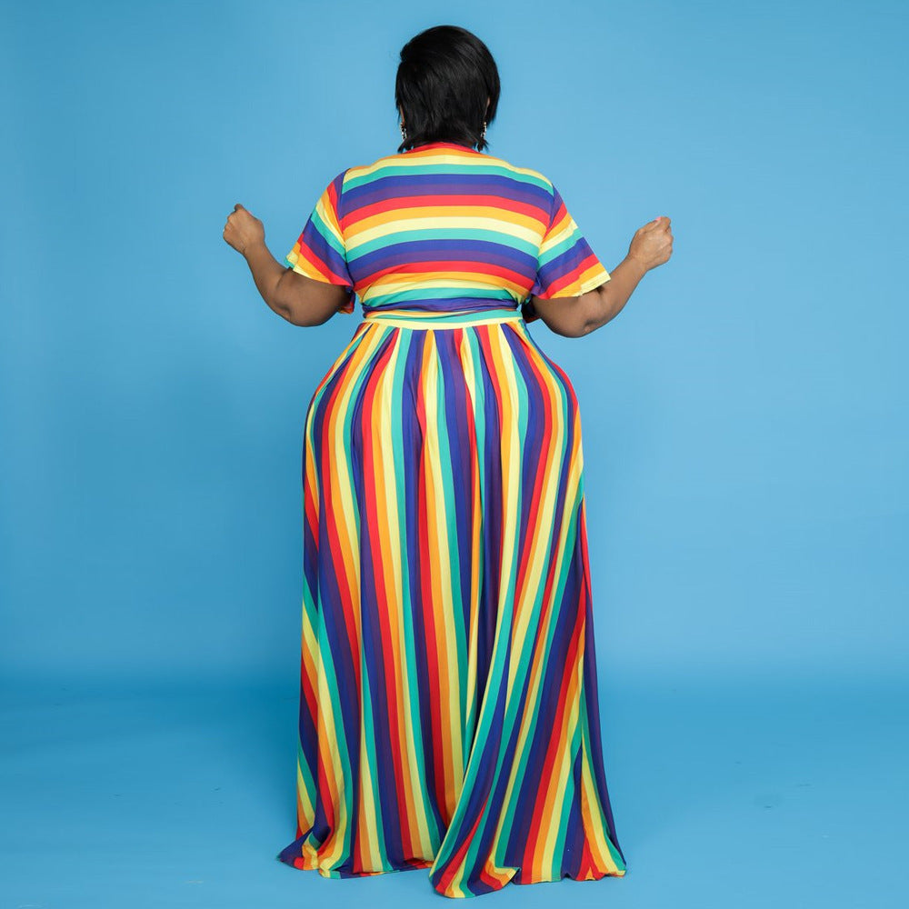 Rainbow Striped Lace-Up Women's Short Sleeve Crop Top + Maxi Skirt Skirt 2-Piece Set to 5X Plus Size