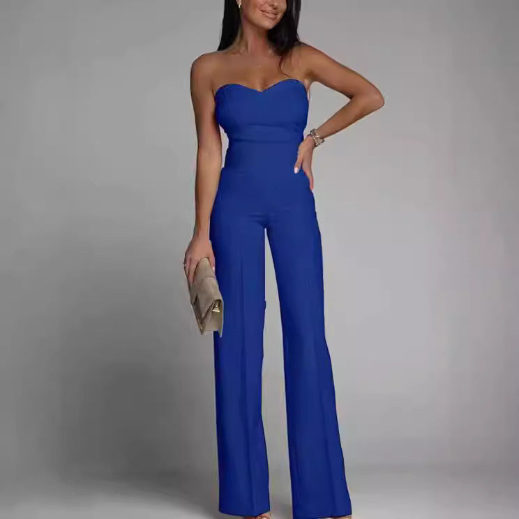 Sleeveless Strapless Women's Skinny Fit Tube Top Straight Jumpsuit