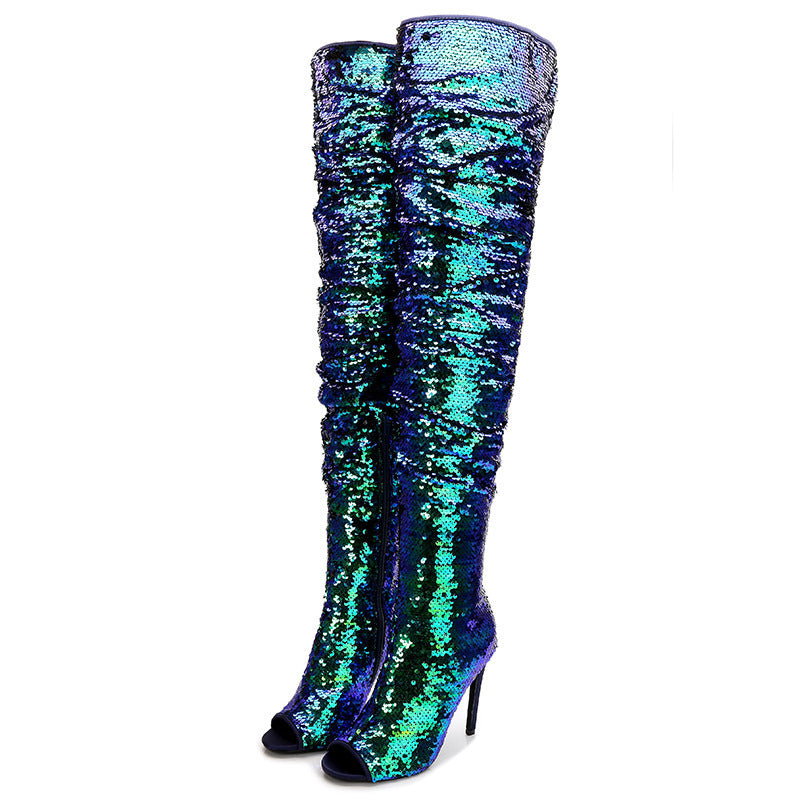 Sequin Ruched Peep Toe FishMouth Over-the-Knee High Heel Women's Boots
