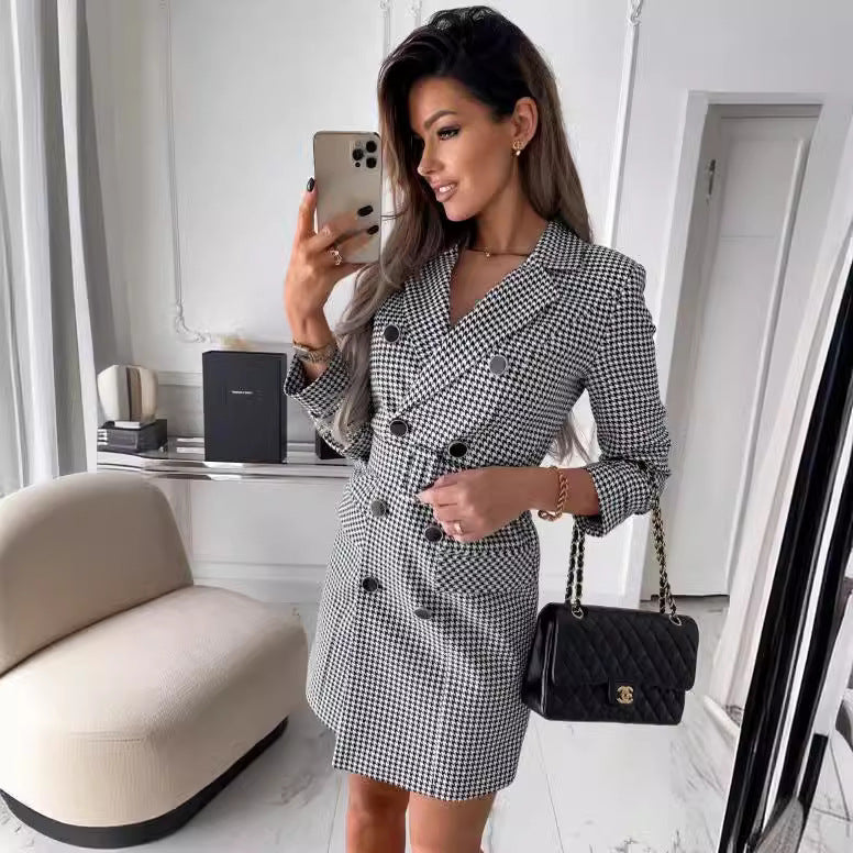 Houndstooth Plaid Print Button Detail Pocketed Double Breasted Long Sleeve Office Blazer Dress w/ Belt