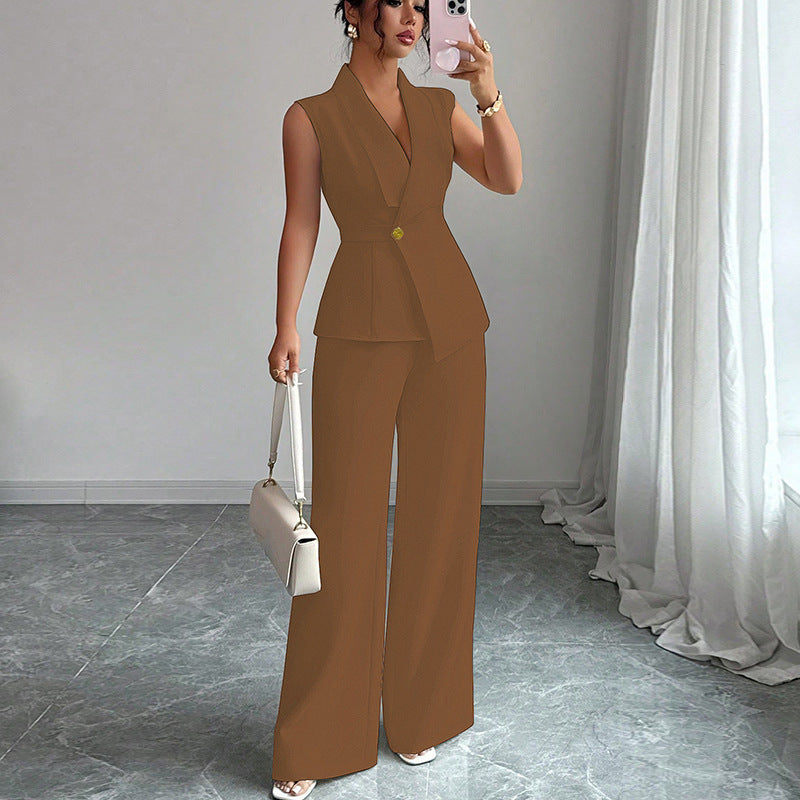 Button Front Women's Solid Color Dress Vest + Straight Leg Trouser Pants Suit
