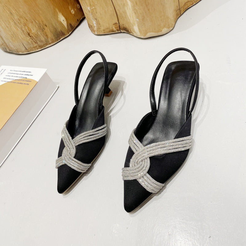 Diamond Silver Metallic Decor Pointed Toe Women's Back Strap Low Heel Pumps