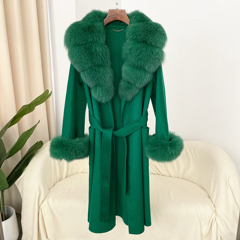 Oversized Fur Collar Double Sided Water Ripple Wool Women's Trenchcoat