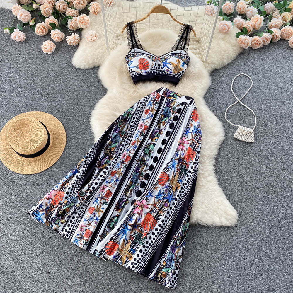 Baroque Lace Stitched Floral Print Crop Tank Top + Pleated Maxi Skirt Women's 2-Piece Set