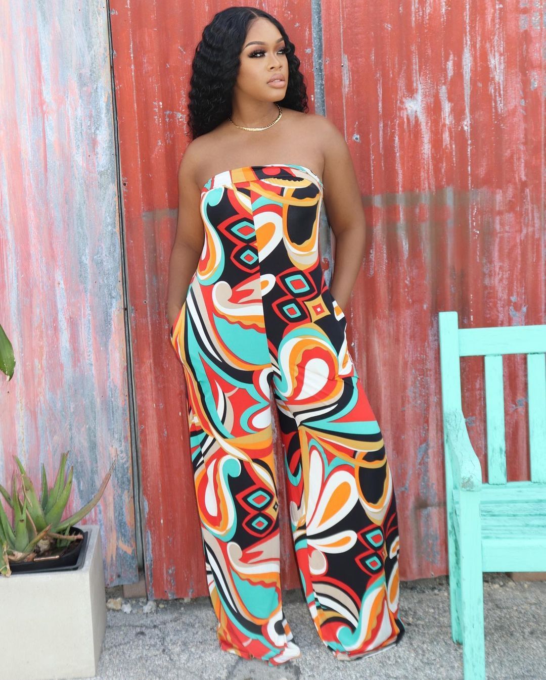 Sleeveless Geometric Print Tube Top Wide Leg Jumpsuit