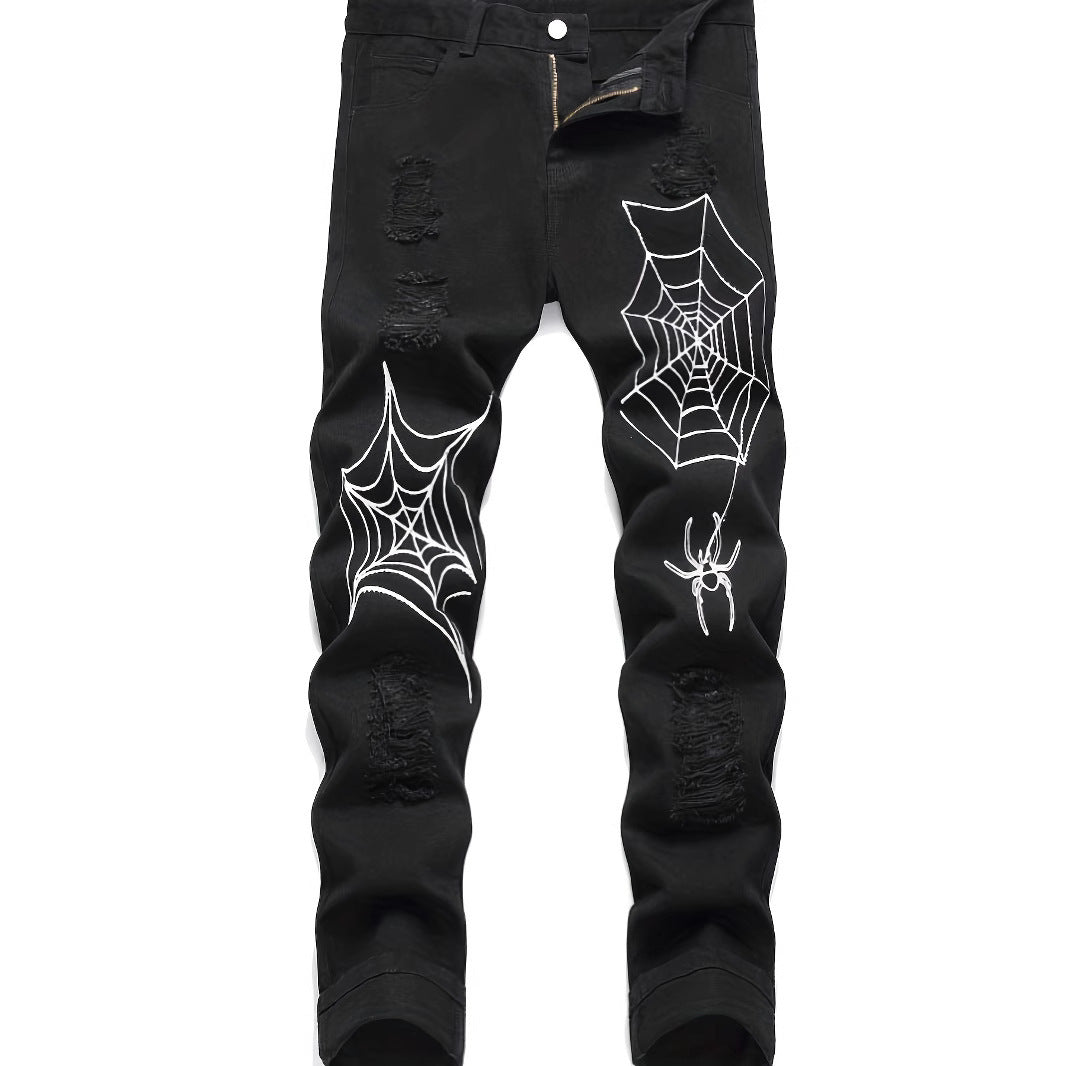 Men's Ruched Spider Web Print Hip-Hop Straight Leg Skinny Jeans