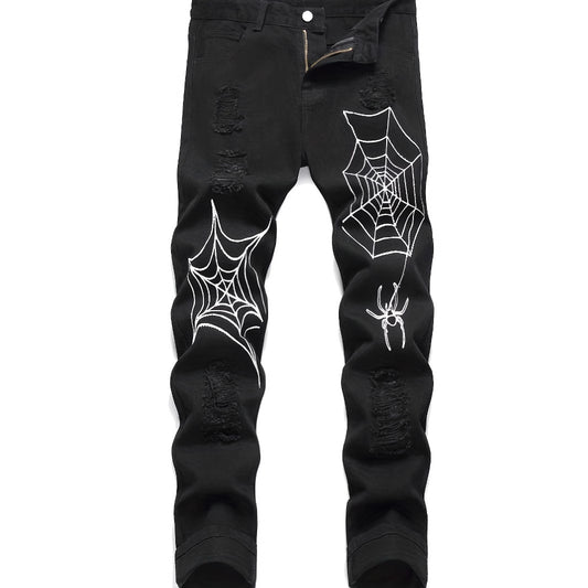 Men's Ruched Spider Web Print Hip-Hop Straight Leg Skinny Jeans