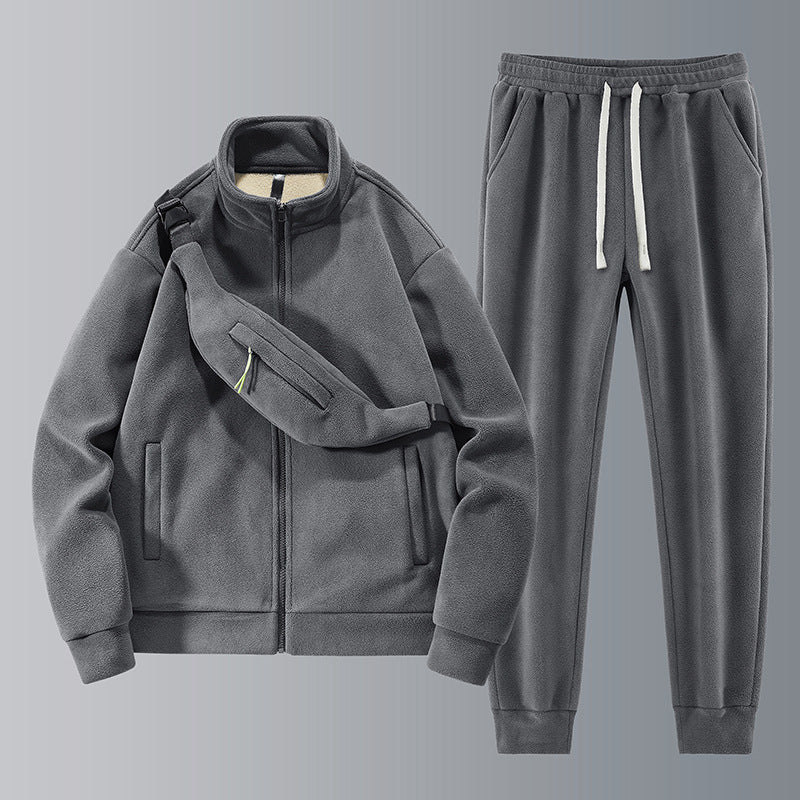 Men's Mandarin Collar Solid Color Fleece Hoodie Zipper Jacket + Drawstring Sweatpants Tracksuit w/ Belt Bag