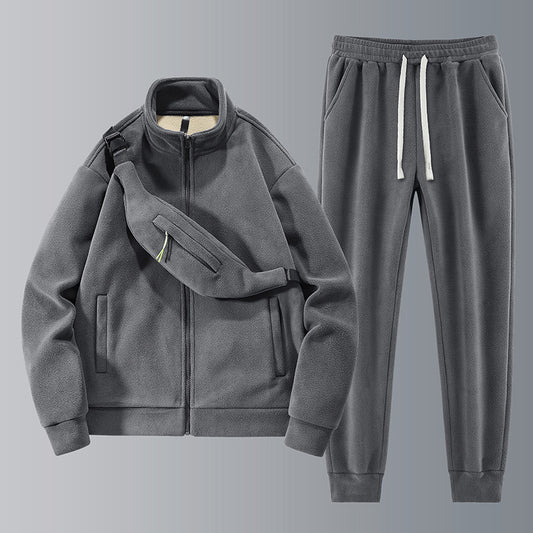 Men's Mandarin Collar Solid Color Fleece Hoodie Zipper Jacket + Drawstring Sweatpants Tracksuit w/ Belt Bag