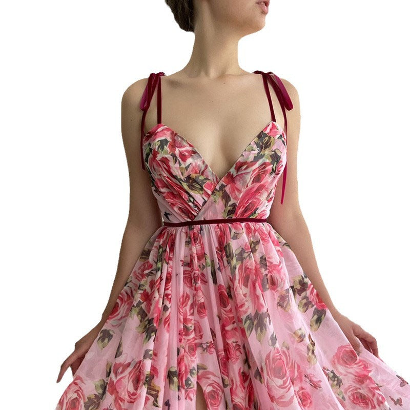 Pink Vintage Flower Print Spaghetti Strap Sleeveless V-Neck High Slit Maxi Dress