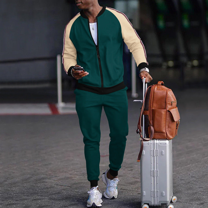 Men's Colorblock O-Neck Zipper Bomber Jacket + Skinny Jogger Sweatpants Tracksuit