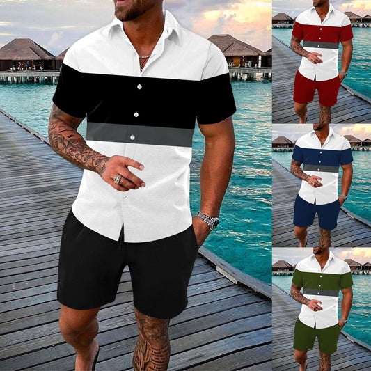 Men's Turn-Down Collar Colorblock Striped Button-Up Polo Shirt + Shorts 2-Piece Set