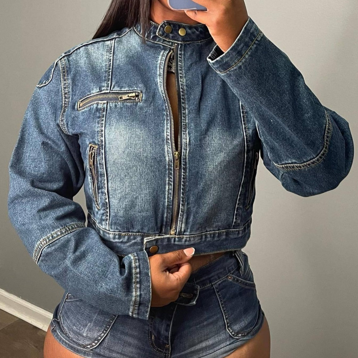 Denim Stretch Faded Washed Women's Multi Zipper Crop Jean Jacket + Mini Jean Shorts 2-Piece Set