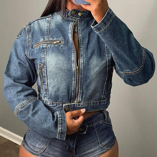 Denim Stretch Faded Washed Women's Multi Zipper Crop Jean Jacket + Mini Jean Shorts 2-Piece Set