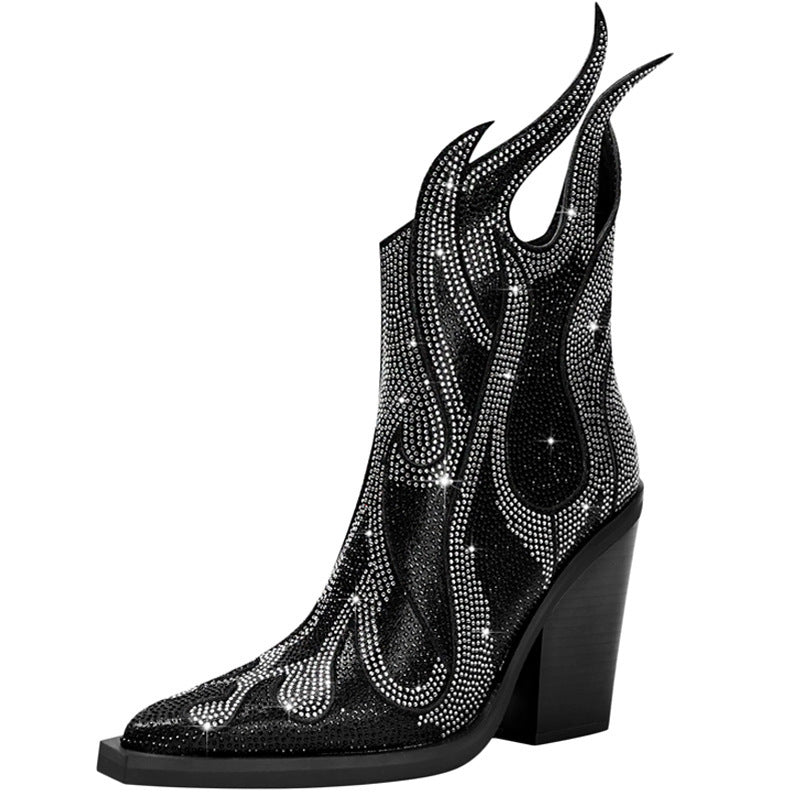 Flame Rhinestone Design Women's Low Square Toe Chunky Heel Martin Ankle Boots