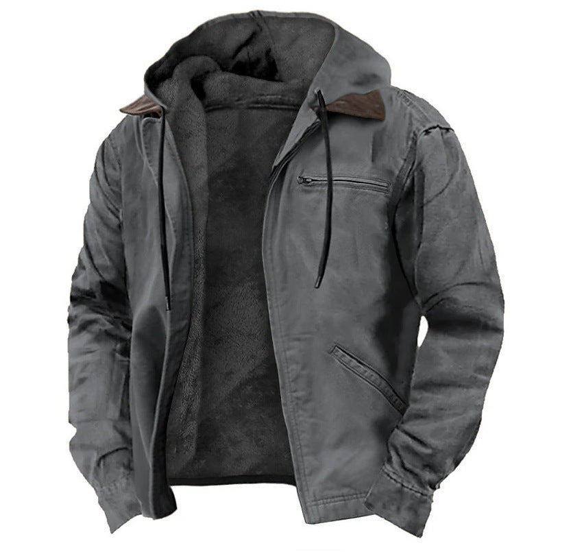 Men's Hooded Pocketed Warm Fleece Lined Zipper Jacket