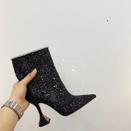 Sparkling Glitter Leather Spiked Heel Pointed Toe Women's Ankle Boots