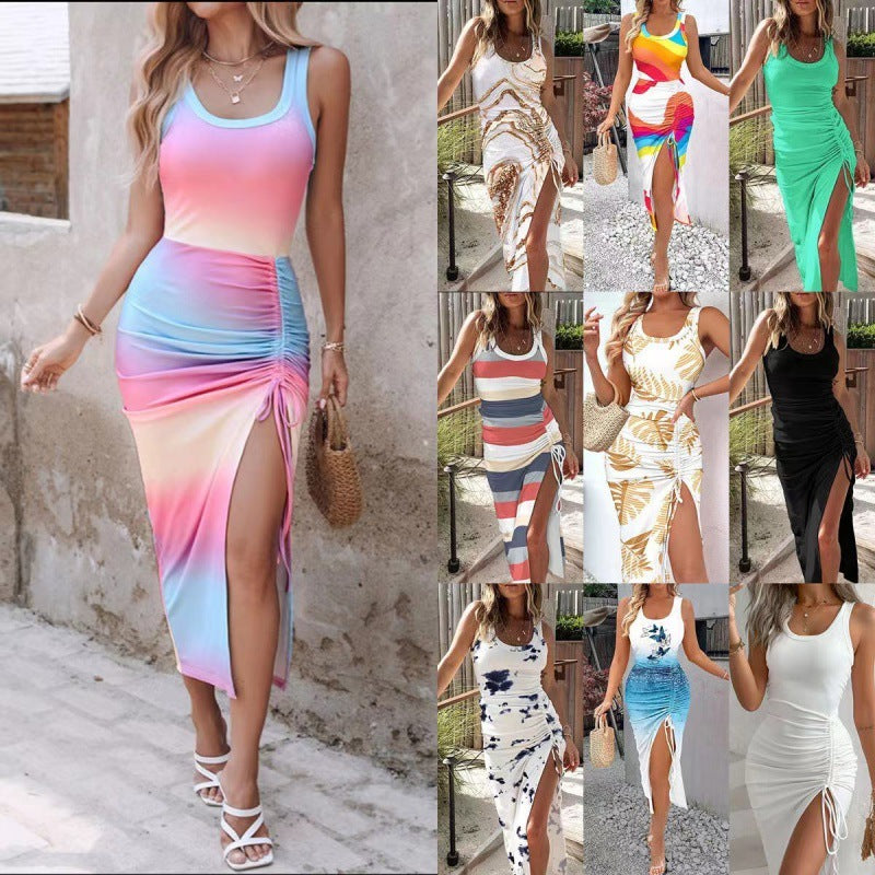 Sleeveless Striped/Butterfly/Colorblock/Floral/Solid Color Ruched High Slit Drawstring Maxi Dress