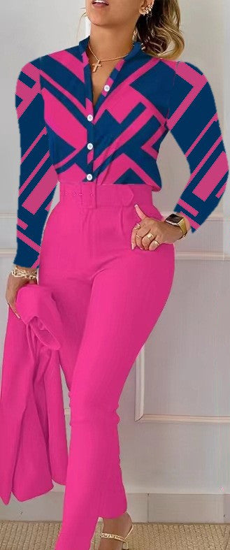 Floral/Geometric/Baroque/Colorblock Gradient Print Long Sleeve Blouse + Solid Color Pants w/ Belt 2-Piece Office Attire Set