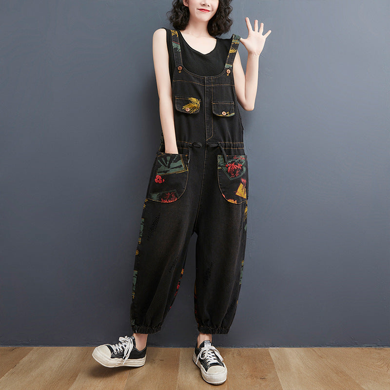 Denim Women's Floral Print Baggy Streetwear  Suspender Jean Overall Jumpsuit