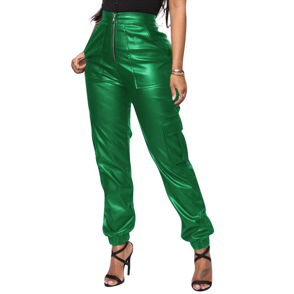 Faux Leather Solid Color Women's Multi-Pocketed Cargo Pants