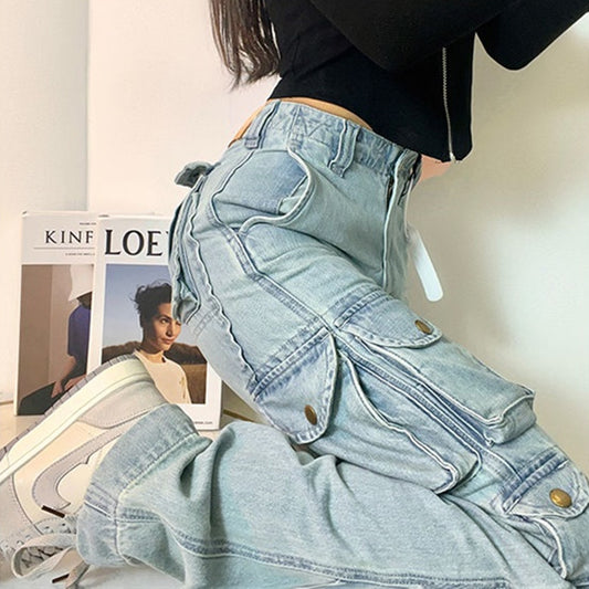Light Blue Washed Faded Women's High Street Multi-Pocketed Cargo Jeans