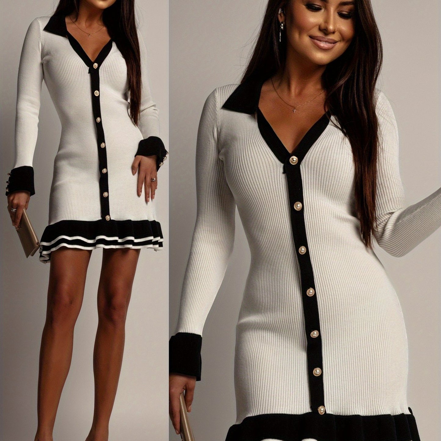 Gold Pearl Button Turn-Down Colorblock Design Long Sleeve Fish Tail Hem Mini Sweater Dress