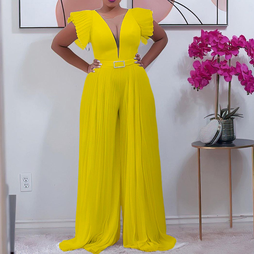Chiffon Pleated Ruffled Deep V-Neck Short Sleeve Women's Solid Jumpsuit